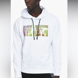 Versace Jeans Collection White Hoodie w Multicolor Holographic Logo Print Large
